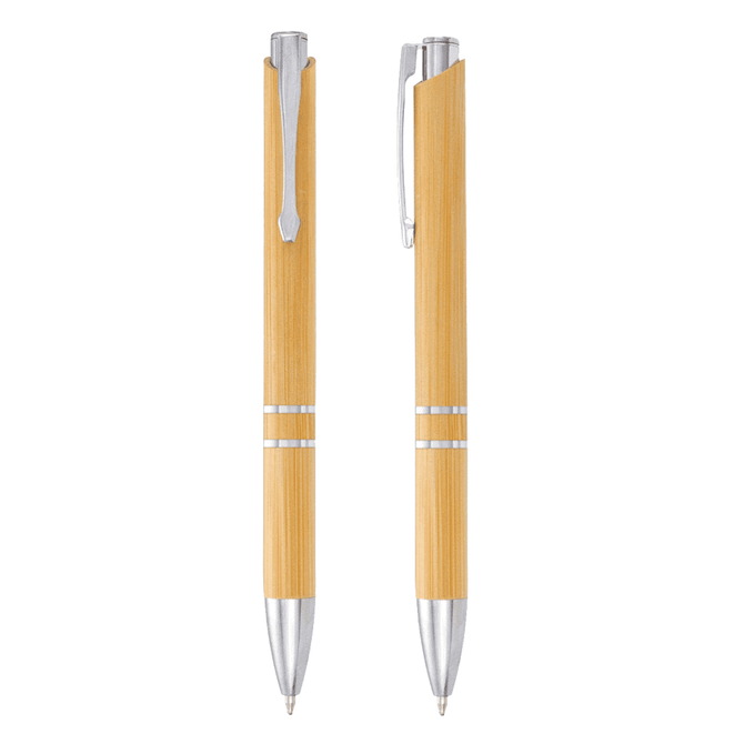 A bamboo ballpoint pen with silver accents, featuring a sleek design and a clip for easy attachment.