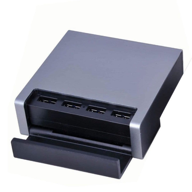 A USB smart charger in silver and black, featuring multiple USB ports and a sleek design. It includes a brand logo.