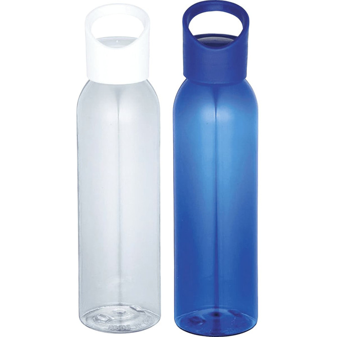 A drink bottle set featuring a clear bottle with a white lid and a blue bottle with a blue lid. Each bottle has a logo.