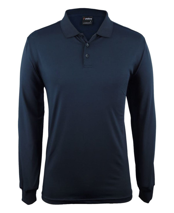 A long-sleeved navy blue polo shirt featuring a collar and three buttons, with a logo on the chest area.