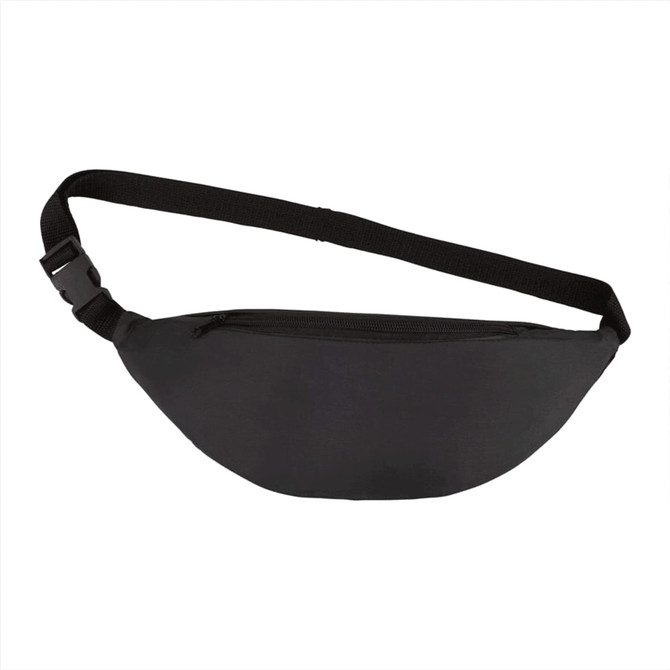 A black bum bag featuring a curved design and an adjustable strap, with a zippered compartment and a logo.