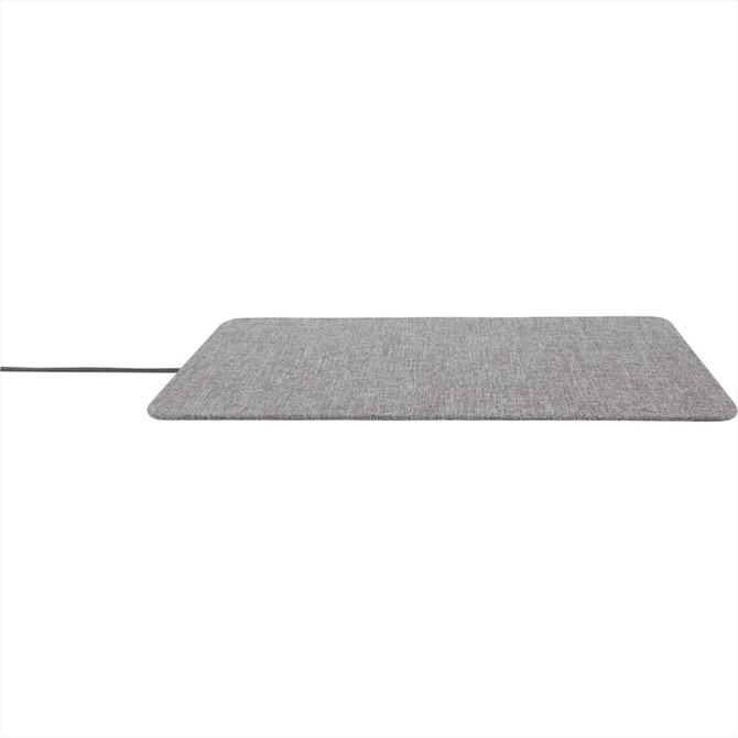 A grey ultra-thin fabric wireless charging pad with a sleek design and a connecting cable.