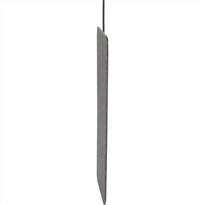A slim, grey wireless charging pad with a textured surface and a hanging cord. It features a logo on the side.
