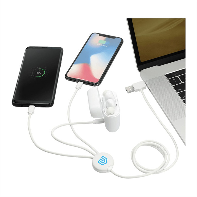 A white 5-in-1 charging cable connects two smartphones and a charging case to a laptop, featuring a logo.