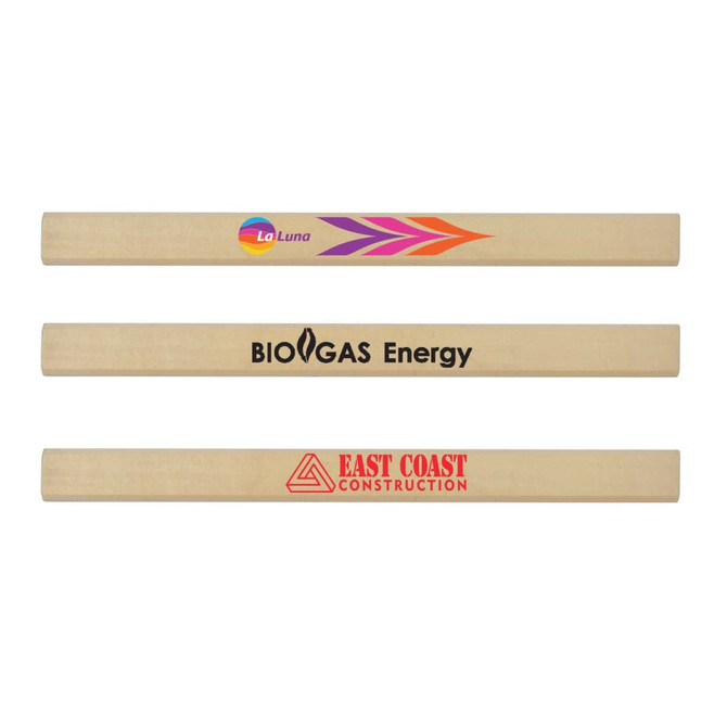 Three wooden carpenters' pencils in a natural finish with various logos printed in different colors.