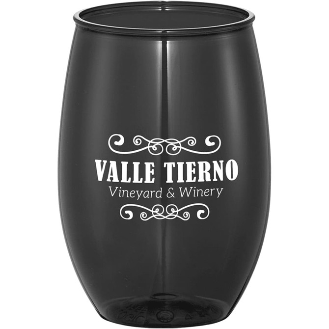 A stemless wine cup in black with a logo, designed for glassware use.
