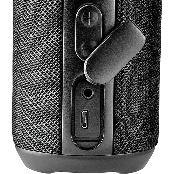A rugged black waterproof Bluetooth speaker with control buttons and a USB-C port on the side.