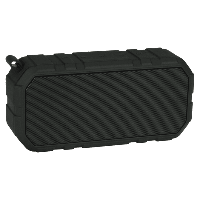 A black outdoor waterproof Bluetooth speaker with a textured surface and a rugged design, featuring a logo.