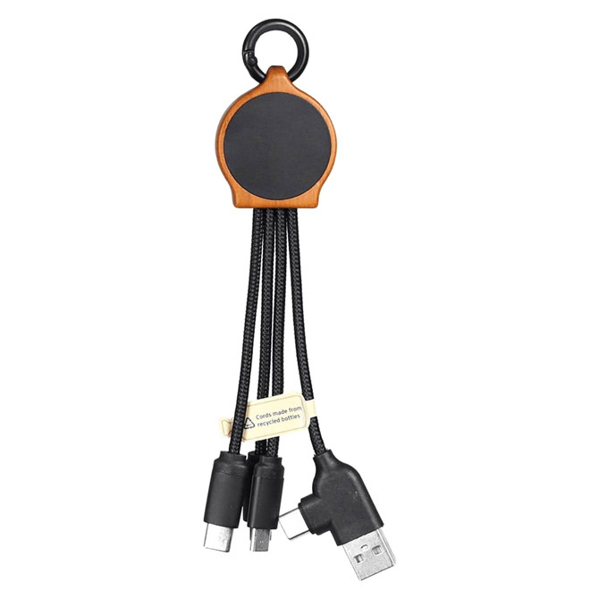 A bamboo charging hub featuring three black RPET cables attached, with a keyring for easy attachment.