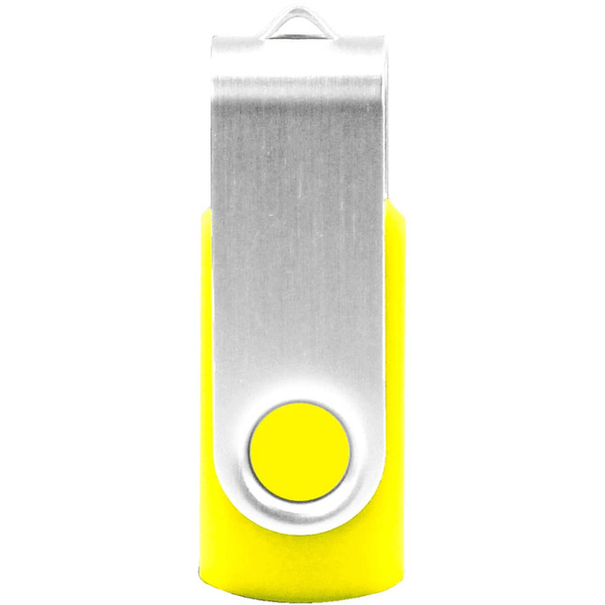 A yellow and silver USB flash drive with a swivel design, featuring a circular button and a clip.