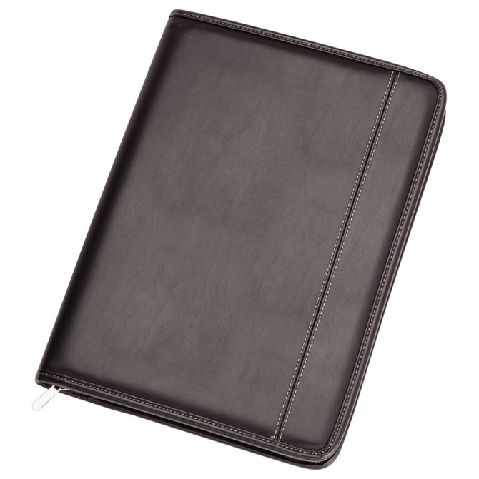 A grey imitation leather zip compendium with a minimalist design and a white stitching detail. Features a logo.