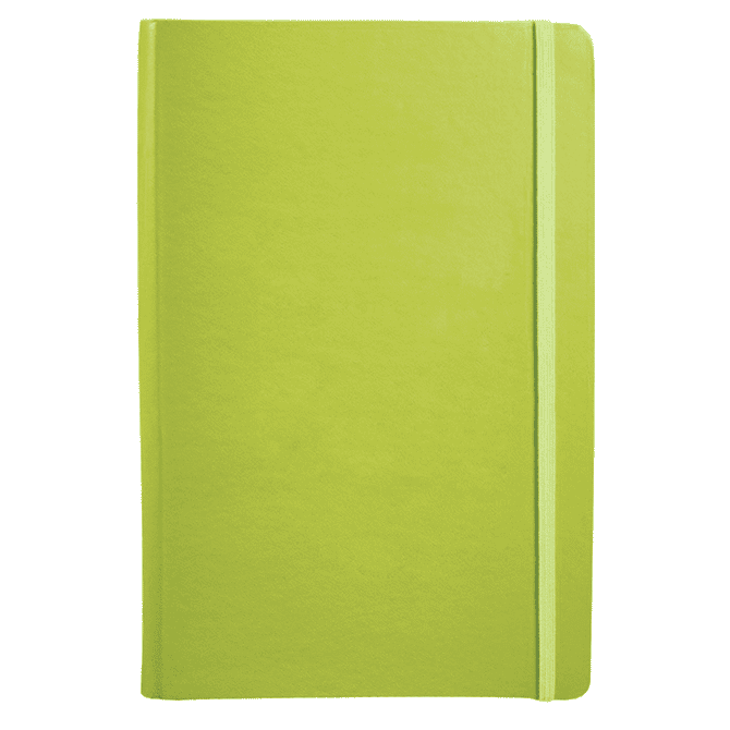 A green Ambassador Bound JournalBook with a smooth cover and an elastic closure. It features a simple design and branding.
