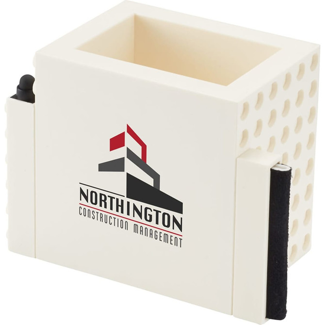 A white 3-in-1 pen pot featuring a perforated design and a logo on one side.