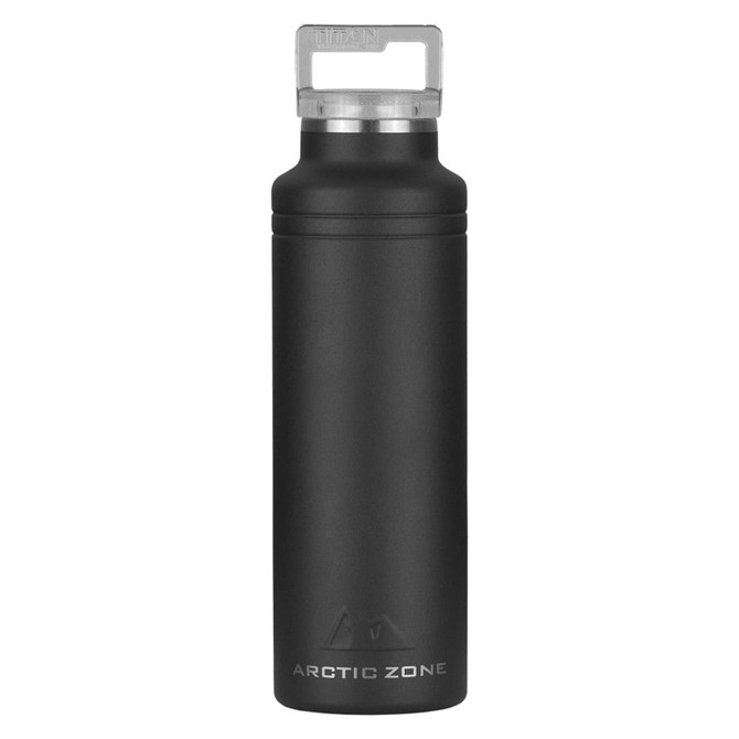 A drink bottle in matte black finish with a metallic grey cap and a logo, featuring a sleek, modern design.