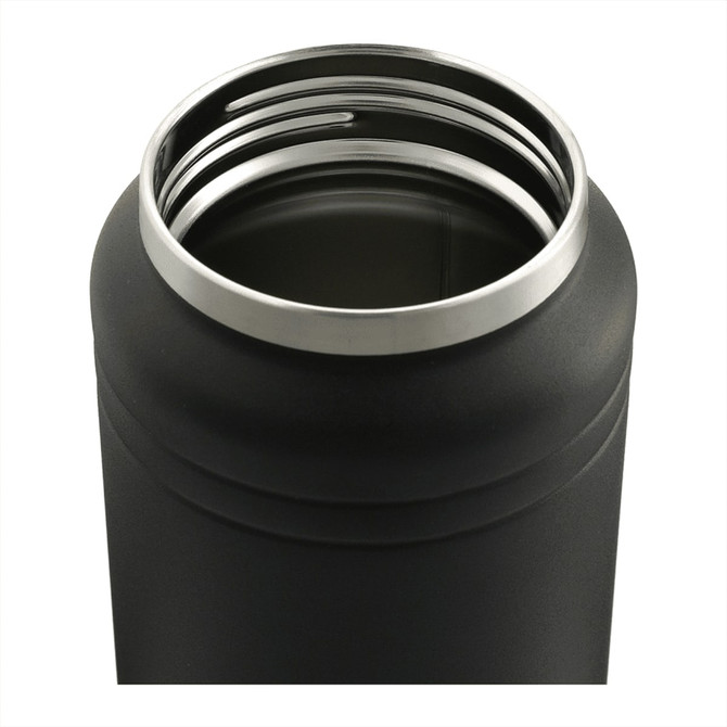 A drink bottle with a sleek black finish and stainless steel rim, featuring a wide opening for easy filling.