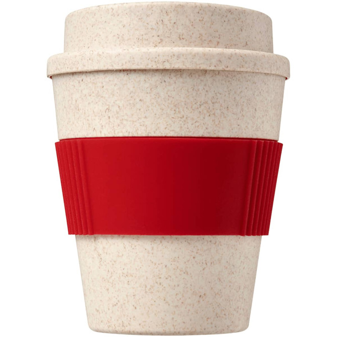 A reusable coffee cup in a natural beige colour with a red silicone sleeve and a simple logo.