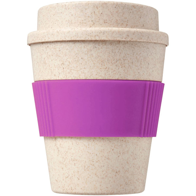 A drink cup made from a bamboo mix with a speckled cream finish and a purple silicone grip. It features a logo.