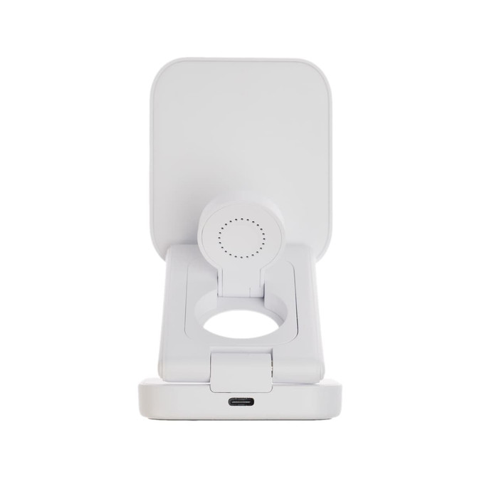 A white Spartan 3-in-1 wireless charger with a sleek design and a circular charging area.