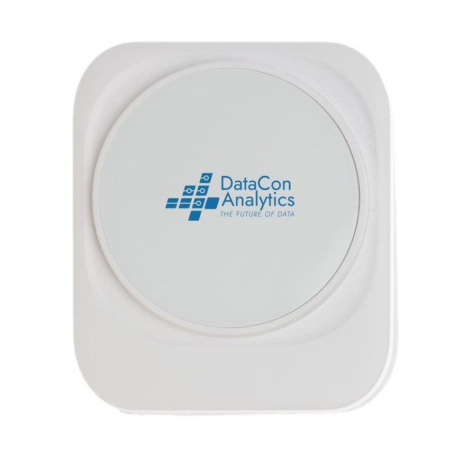 A white wireless charger featuring a round charging pad and a brand logo in the center.