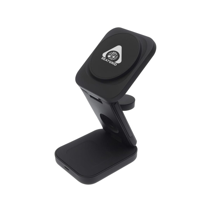 A black 3-in-1 wireless charger with a stand and a logo, suitable for charging multiple devices.