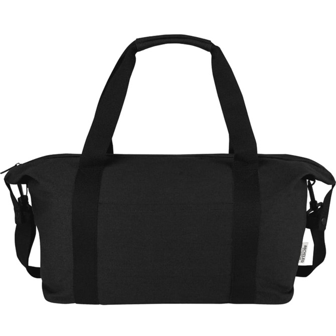A black recycled canvas sports bag with dual handles and a removable shoulder strap. Features a logo on the side.