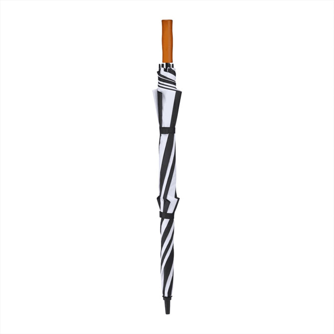 A black and white striped golf umbrella with a wooden handle, featuring a logo.