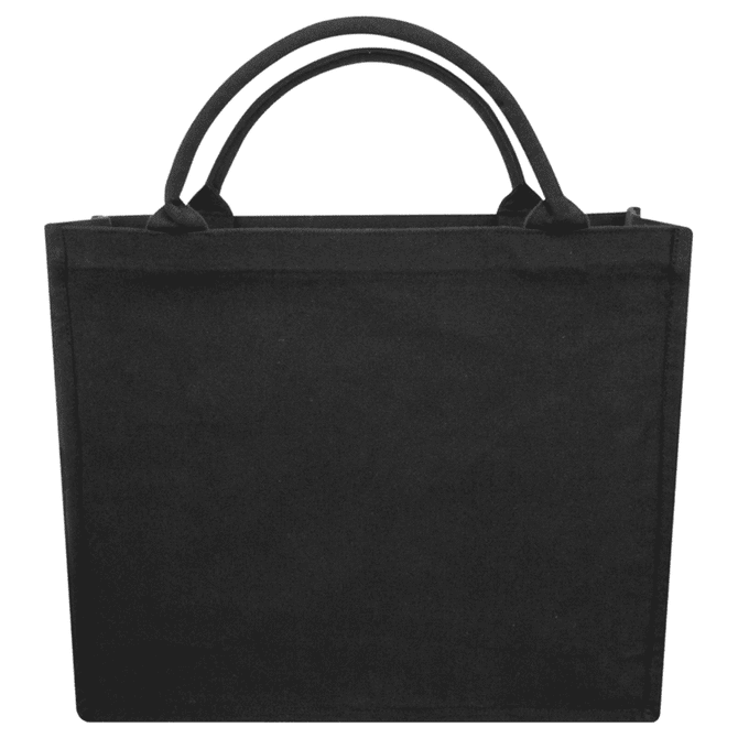 A black recycled tote bag with two handles and a simplistic design, featuring a logo on one side.