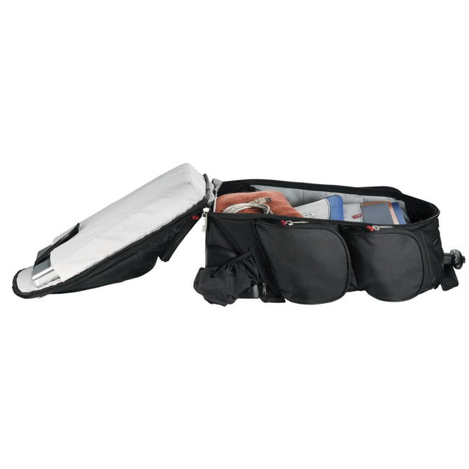 A black wheeled backpack with multiple compartments, revealing items like books and a drink bottle inside.