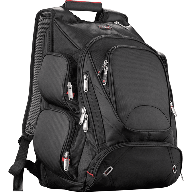 A black, checkpoint-friendly backpack with multiple zippered pockets and a mesh side pocket. Features a logo.
