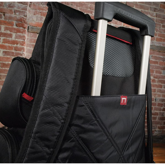 A black backpack with a trolley handle concealed in a side pocket, featuring a textured design and a logo.