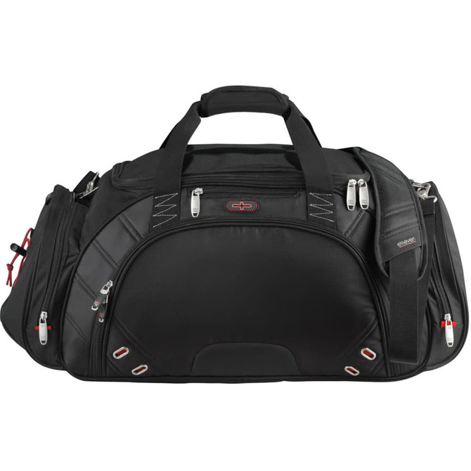 A black duffel bag featuring multiple zippers, handles, and a shoulder strap, with a logo on the front.