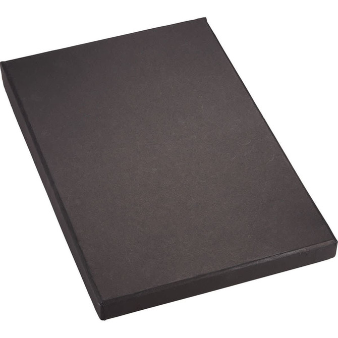 A black journal in a sleek cover, featuring a logo, part of a gift set with a pen.