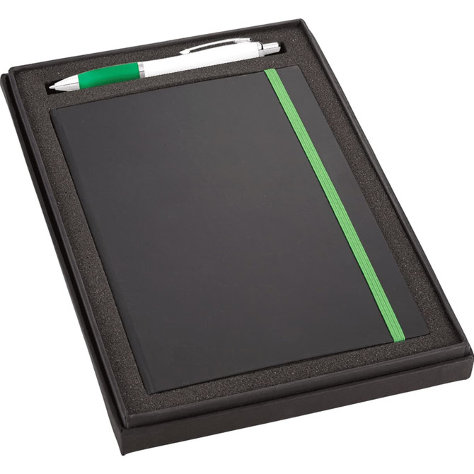 A gift set featuring a black JB1001 journal with a green elastic band and a silver Nash pen, presented in a stylish box.