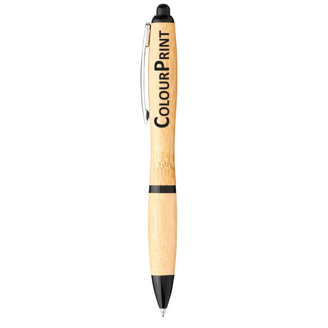 A bamboo pen with black accents and a silver clip, featuring a logo on the barrel.