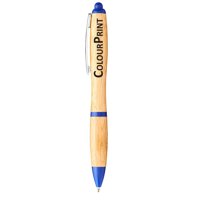 A blue and bamboo pen with a branding logo on the barrel, featuring a click mechanism and a transparent clip.