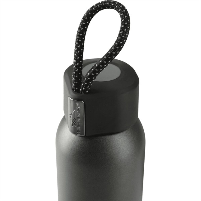 A drink bottle in matte black with a lid featuring a textured grip and a black rope handle. It has a logo.