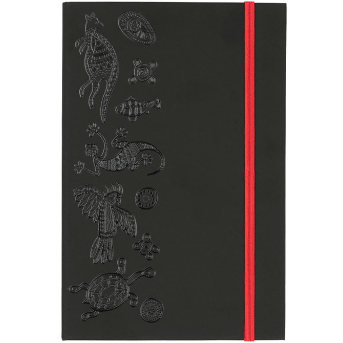 A black journal with embossed animal designs and a bright red elastic band.