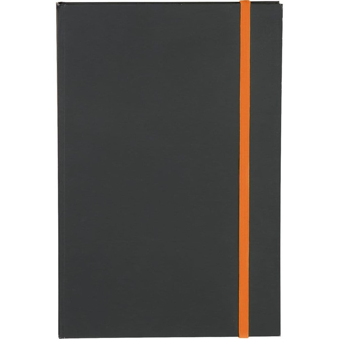 A black journal with an orange elastic band, featuring a logo on the cover.