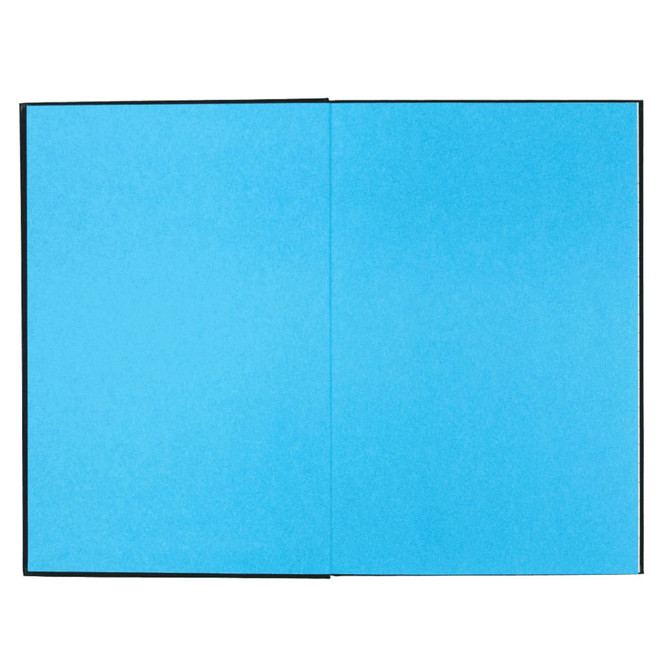 A bright blue notebook with black edges, featuring two blank pages inside. It has a logo on the cover.