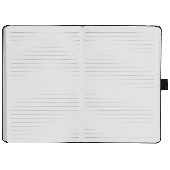 A black-bound journal with lined pages, featuring a ribbon bookmark and an interior pocket.