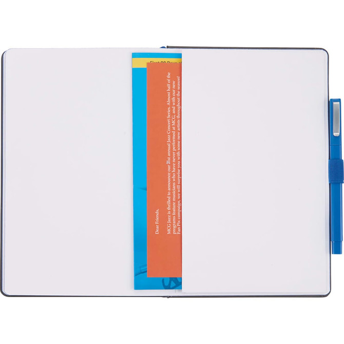 A bound journal with a blue cover, featuring a pen, and layered coloured inserts inside. It has branding on the cover.