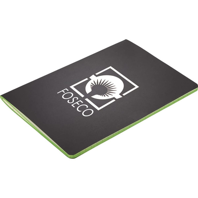 A black journal with a green edge and a logo on the cover, designed for office and business use.