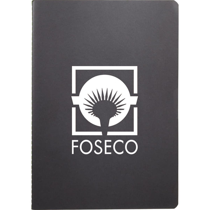 A black journal with a logo on the front cover, featuring a simple design and a matte finish.