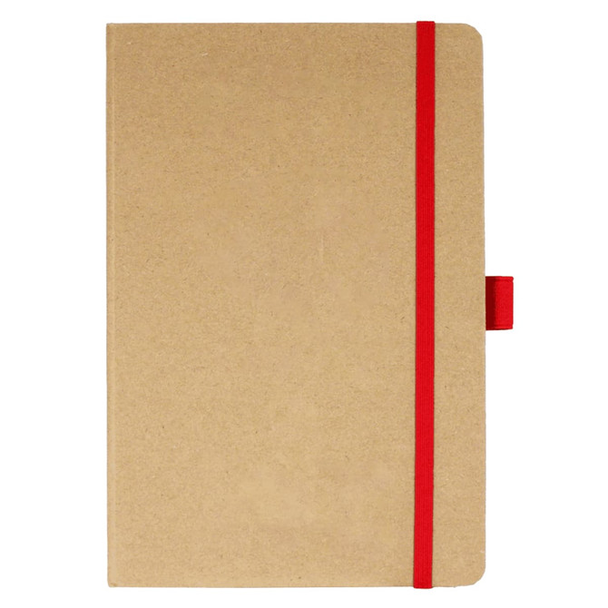 A kraft paper journal with a red elastic band closure and a red ribbon bookmark. It has a logo on the cover.