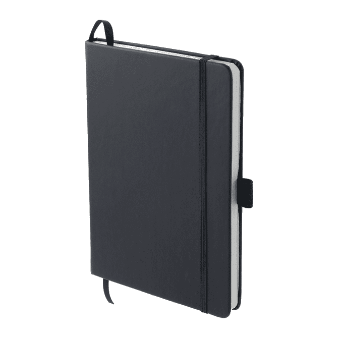 A recycled A5 notebook in black with a strap closure and a bookmark ribbon, featuring a logo.