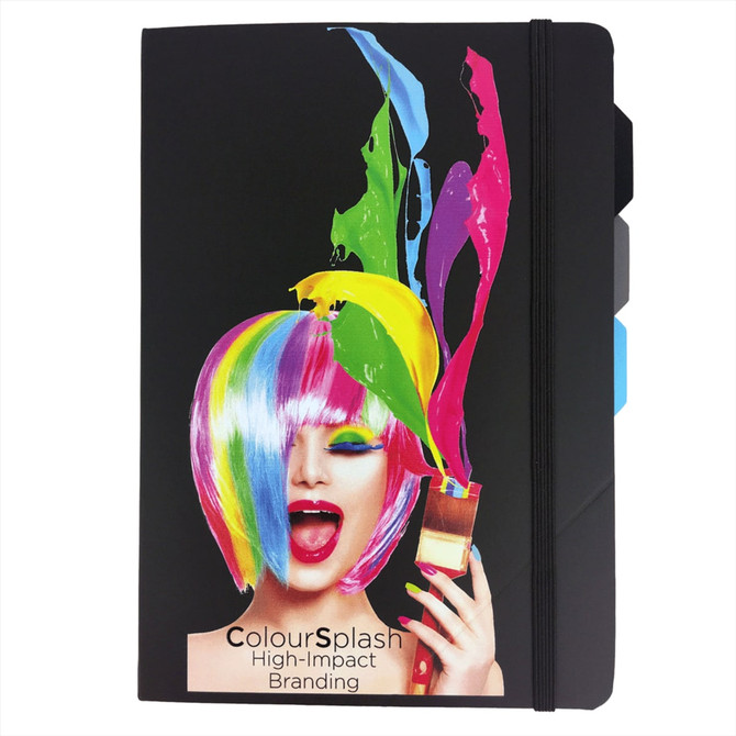 A black notebook with a vibrant multicoloured hair design on the cover and an elastic band closure.
