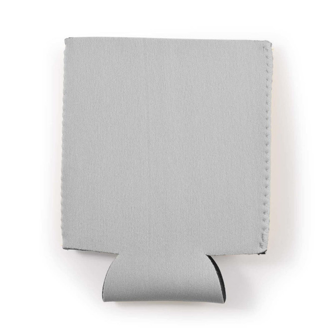 A gray stubby cooler with a simple design and a bottom flap. It features branding on one side.