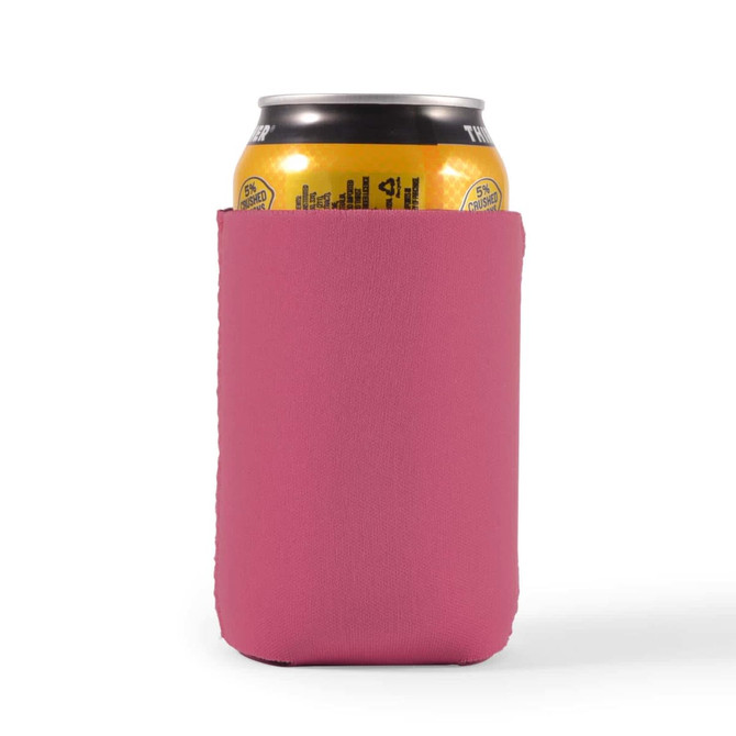 A drink bottle cooler in bright pink material, designed to fit a standard can.