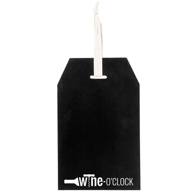 A black chalkboard tag with a white string, featuring a logo at the bottom. Ideal for labelling or decoration.