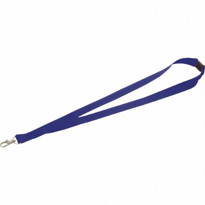 A blue lanyard with a lobster clip, designed for exhibitions and events. Features a branding logo.